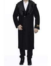  Mens Black Full Length 48” Long Fur Collar  Overcoat - Wool