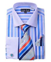  French Cuff Blue Striped Classic Fit Shirt With Matching Tie And Hanky