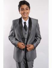  Boys Gray/Black Two Toned Shawl Lapel 5 Piece Suit Vested With Shirt