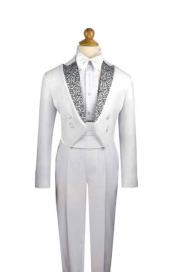 Boy's 4 Button Fancy Peak Lapel Tuxedo with Tails Cummerbund,Shirt and Bow Tie White