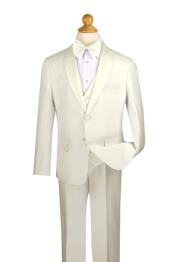 Boy's Ivory Two Button Notch Lapel Wool Feel 5 Piece Tuxedo Pleated Pant,Shirt And Bow Tie