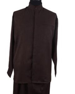  Mens Brown 2-piece Mandarin/ Preacher Round Style Banded Collar Casual collarless Shirt