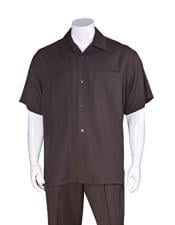  Mens Casual Short Sleeve Plain Brown Two Pieces Casual Two Piece Walking