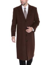  Mens Dress Coat 3 Buttons Brown Full Length %65 Wool Blend Overcoat