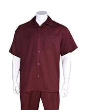  Mens Casual Short Sleeve Plain Two Pieces Burgundy ~ Wine ~ Maroon