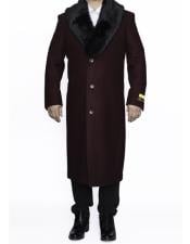  Mens Burgundy Fur Collar Full Length Overcoat - Wool