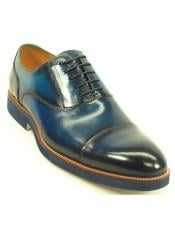  Carrucci Mens Navy Genuine Leather Lace Up Cap Toe Oxford Shoes With