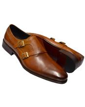  Carrucci Mens Cognac Burnished Double Monk Strap Genuine Calfskin Leather Shoes- Mens