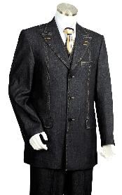 Mens 3 Piece Vested Black Zoot Denim Fabric Suit 
