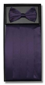  Mens Solid Dark Purple Silk Matching Bowtie & Cummerbund