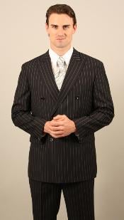  Mens Double Breasted Suit Black with Pinstripe Suit With Side Vent Jacket