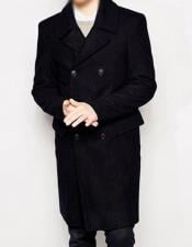  Men's Black Double Breasted Wool Blend long coat
