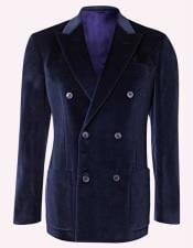  Mens Double Breasted Suits 6 Buttons Velour Jacket - Navy Blue Velvet