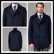  Navy Blue 100% Wool slim fit Double Breasted Long Mens Overcoat