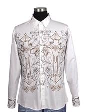  Mens White 100% Cotton Button Closure Embroidered Design Shirt