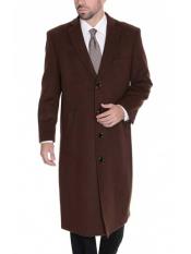  Mens Dress Coat Full Length Solid 65% Wool Dark Brown Overcoat ~