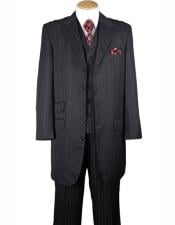  Black Notch Lapel 4 Buttons Tonal Striped Three Piece Vested Zoot