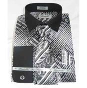  Black Geometric Multi Pattern Cotton French Cuff With Collar Mens Dress Shirt