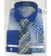  Geometric Multi Pattern French Cuff With Collar Cotton Blue Mens Dress Shirt