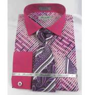  Cotton Geometric Multi Pattern Fuschia French Cuff With Collar Mens Dress Shirt