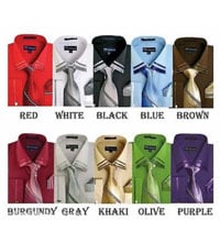 Men's French Cuff Dress Shirt with Tie and Handkerchief set 7 colors SG34 