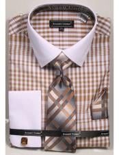  white Collared French Cuffed Beige Shirt with Tie/Hanky/Cufflink Set Mens Dress Shirt
