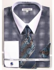  white Collared French Cuffed navy woven design Shirt with Tie/Hanky/Cufflink Mens Dress