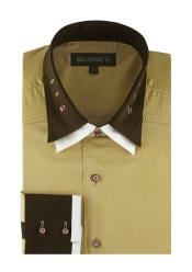  Solid Khaki 100% Cotton Double Spread Collar French Cuff Mens Dress Shirt