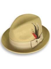  Khaki 100% Wool Fedora Trilby Mobster With Satin Band Hat 