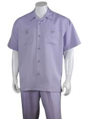  Mens 5 Button Casual 100% Polyester Lavender Short Sleeve Solid Casual Two
