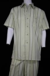  Mens Lemongrass Stripe Short Sleeve 2pc Casual Two Piece Walking Outfit For Sale Pant Sets Suit