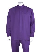  Mens Purple Long Sleeve Mandarin / Banded Collar Casual Casual Two Piece