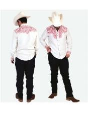  Mens Long Sleeves Floral Pattern High Collar Cowboy Shirt Blanco