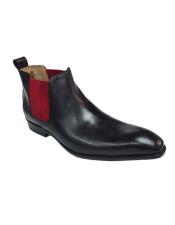  Mens Black With Red Carrucci Burnished Calfskin Slip-On Low-Top Chelsea Cheap Priced Mens Dress Boot With jeans or