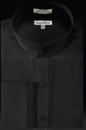  men’s French cuff mandarin Preacher Round neck style Black cotton banded collar