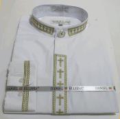  Golden embroidery white fabric Collarless Dress Shirt Covered Buttons Mandarin Banded Mens