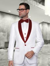  White And Burgundy Lapel Vested Suit