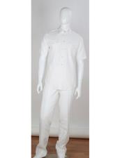  Mens Safari Style 2 Piece Short Sleeve Stripe Accent White Shirt Double