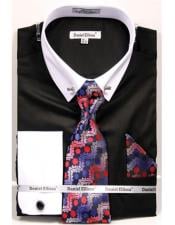  Mens Black Solid Pattern French Cuff 100% Cotton Fashion Shirt with Tie