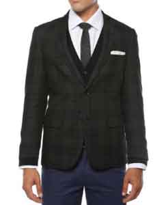  Style#-B6362 Mens Skinny Cut Tweed Windowpane Pattern Black and Grey Blazer 