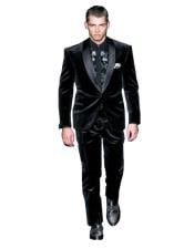  Mens High Fashion Black Shawl Lapel Velvet Suit + Velvet Pants