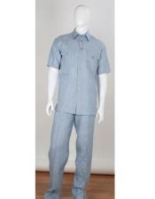  Mens Stripe Accent Blue Shirt Safari Style 2 Piece Short Sleeve Double