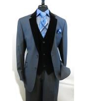  Mens Blue Velour Velvet Suit Vested Two Button Side Vents Tuxedo Black 2 toned Suit
