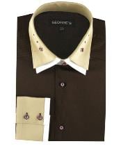  Brown 100% Cotton dress Solid Color Double Spread Collar Mens Dress Shirt