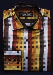  Brown Fancy Polyester Dress Fashion Shirt With Button Cuff Mens Dress Shirt