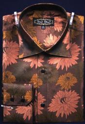  Fancy Polyester Dress Fashion Shirt With Button Cuff Brown Mens Dress Shirt