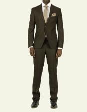  Mens Pick Stitched 2 Button Brown Slim Fit Skinny Suit 