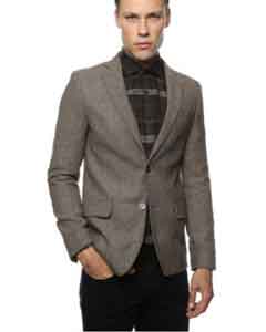  Mens Skinny Cut Tweed Windowpane Pattern Brown and Grey Herringbone Tweed Blazer