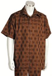  Mens Short Sleeve 2 piece Casual Mens Walking Suit Brown Checker