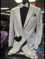  Mens Peak Lapel vested tuxedo suit paired with shiny white dress Shoe
